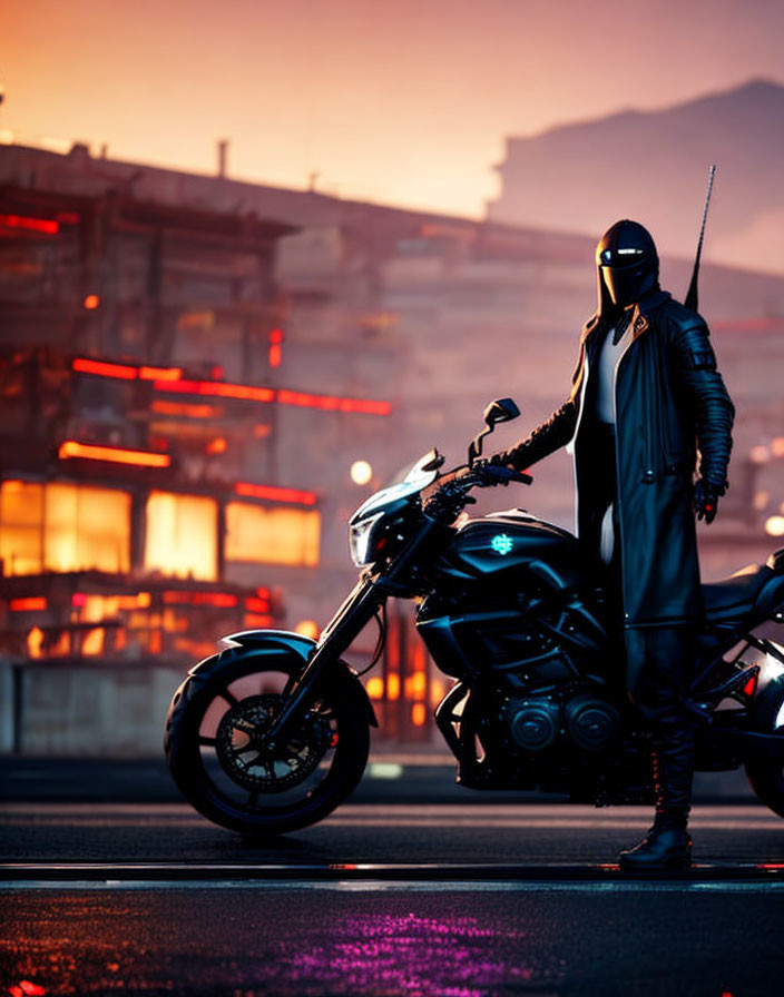 Person in dark outfit next to motorcycle at dusk with city lights and mountains.