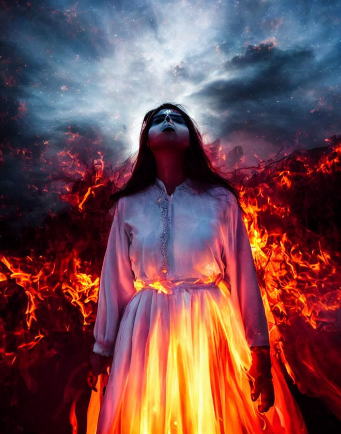 Woman in White Dress Engulfed in Flames Against Dramatic Sky