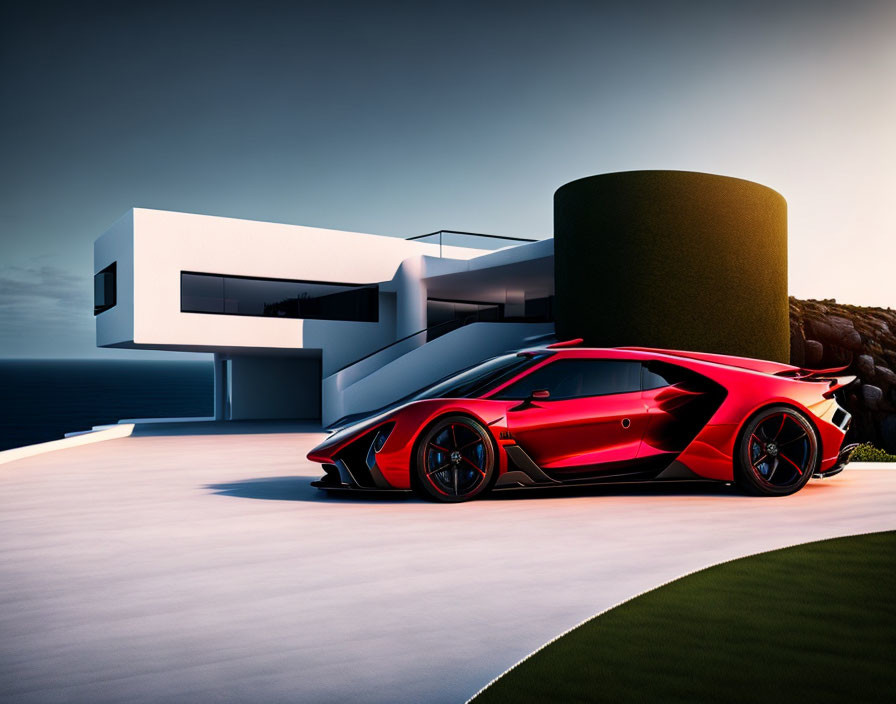 Red sports car parked outside modern luxury house by the sea.