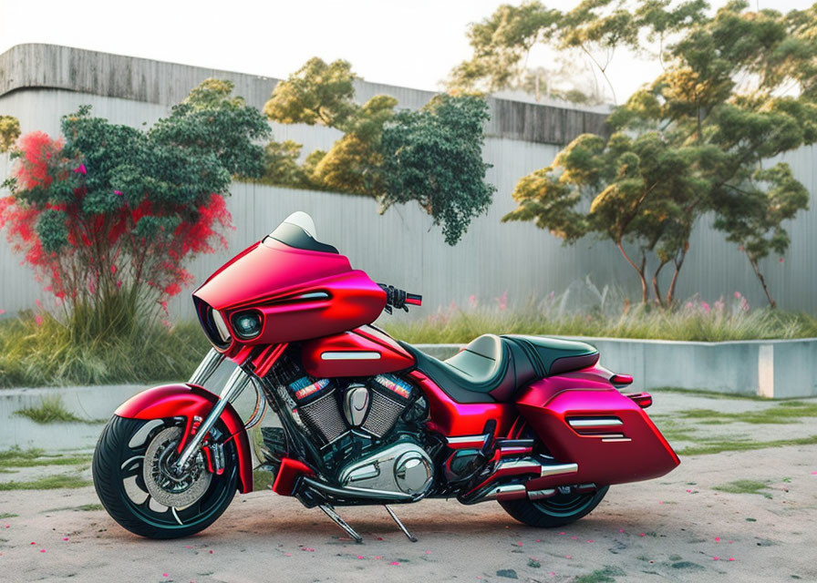 Colorful Red and Black Motorcycle Parked Outdoors with Trees and Concrete Wall