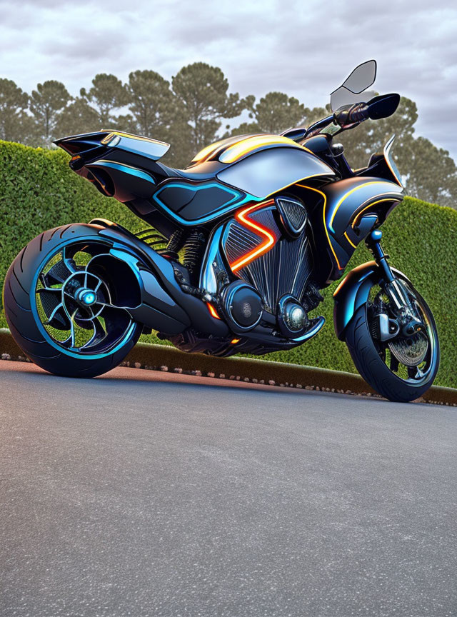 Futuristic Motorcycle with Neon Blue and Orange Accents on Asphalt Road