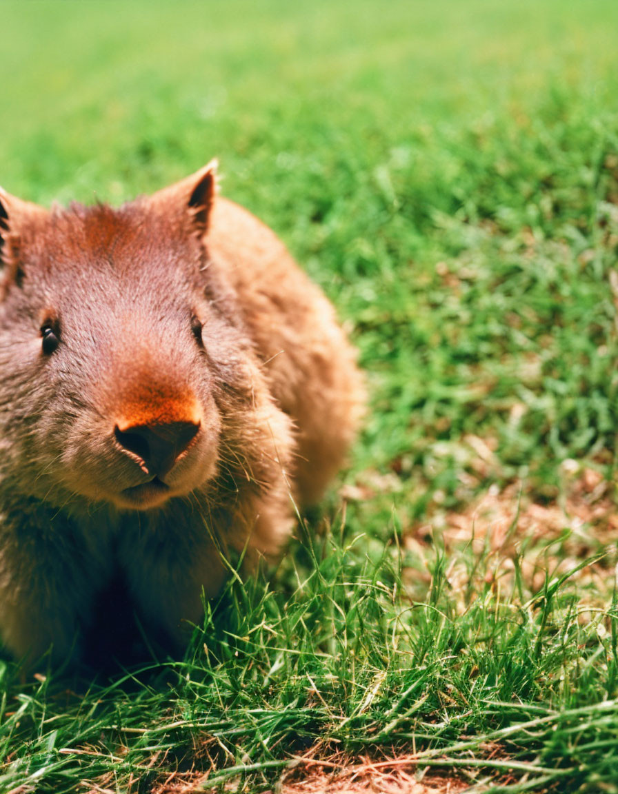 Brown wombat on green grass field gazes curiously.