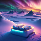 Neon-lit floating bed in icy landscape under vibrant aurora sky