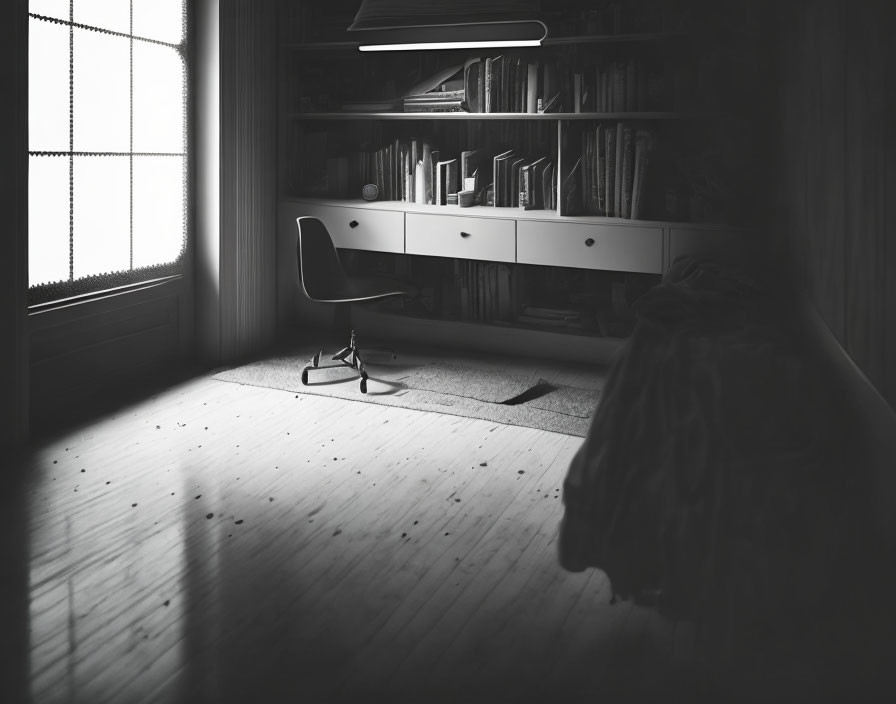 Cozy monochrome study room with bookshelves, desk, chair, and sunlight shadows