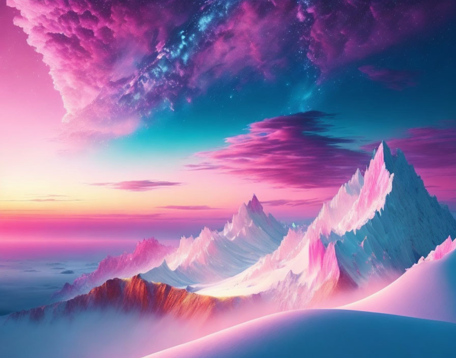 Surreal landscape with ice-covered mountains under pink and purple sky