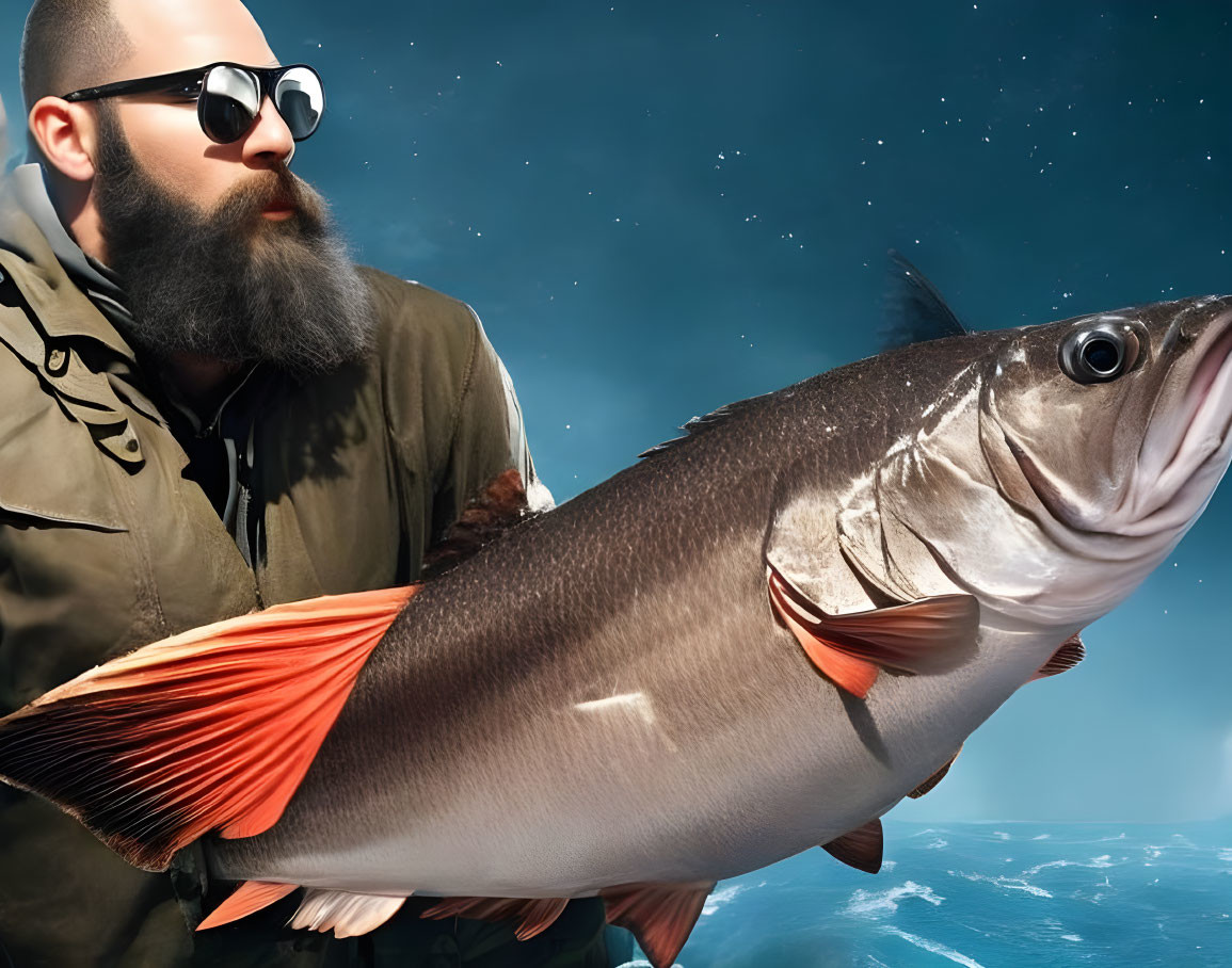 Bearded man holding large fish in surreal Earth and stars background