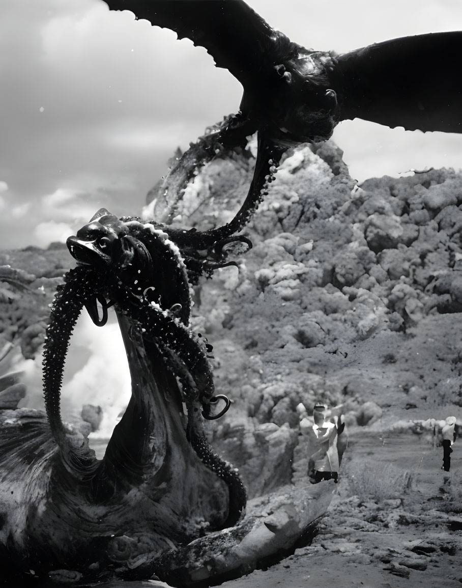 Monochromatic artwork: Colossal octopus battles pterosaur in surreal landscape