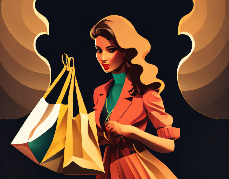 Illustration of woman with flowing hair in peach outfit, holding shopping bags on dark background