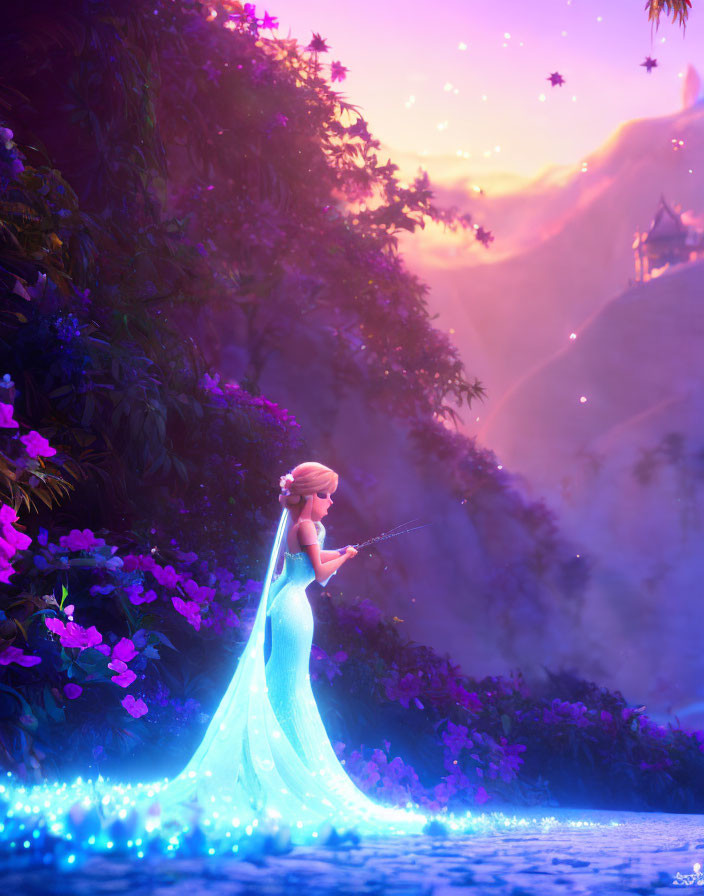 Glowing animated character in blue dress with wand in magical forest