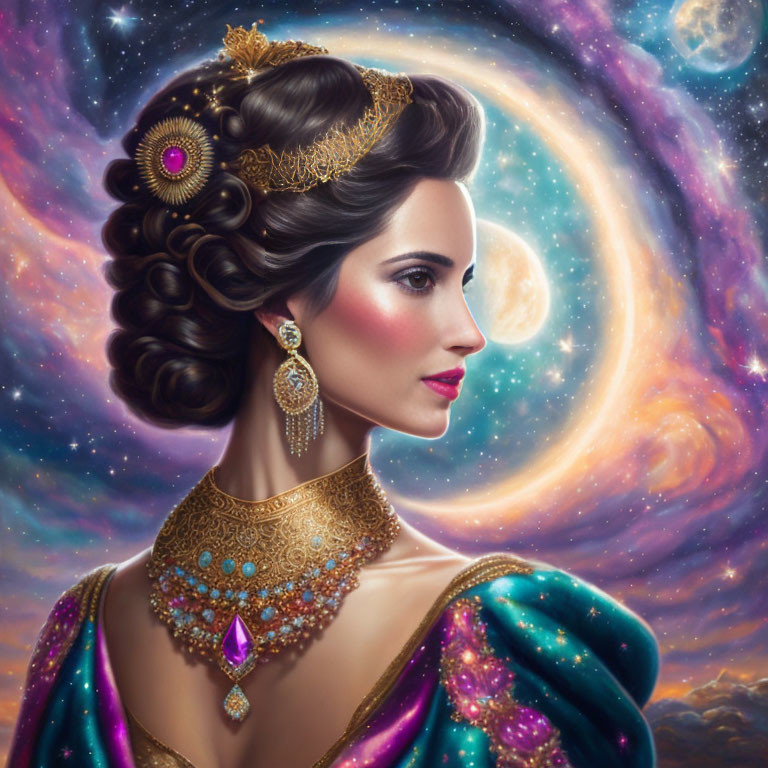 Regal woman with updo hair and gold jewelry in cosmic setting