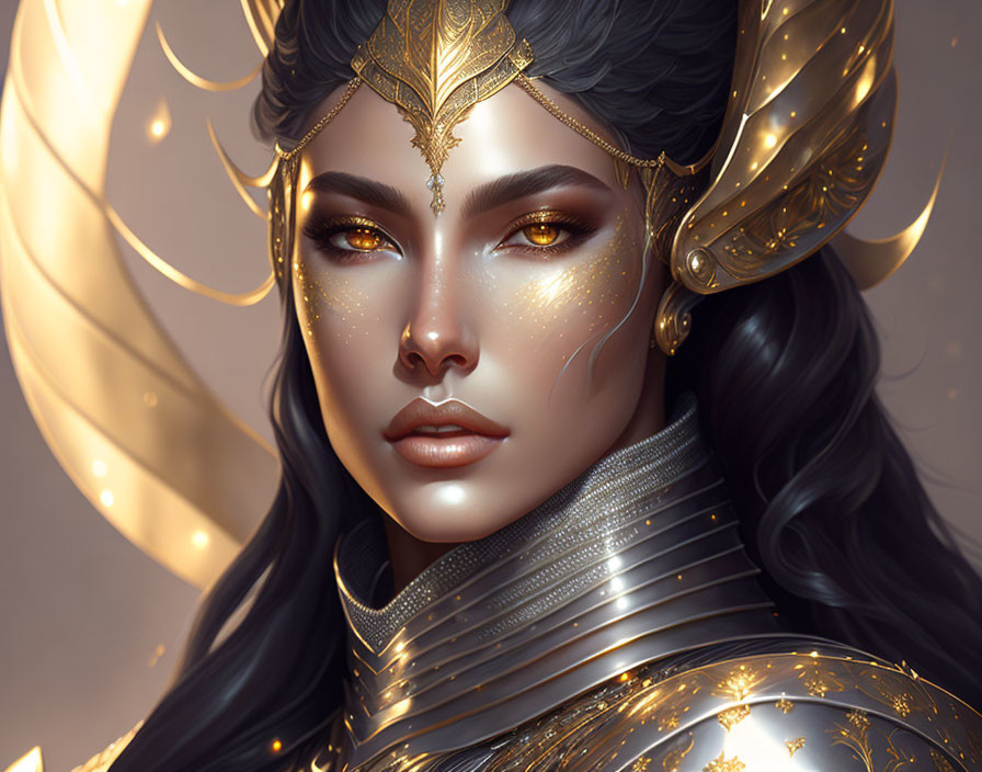 Golden-armored female figure with crown and black hair.