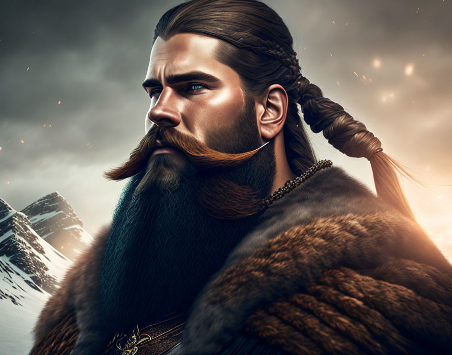 Bearded warrior with braided hair in fur cloak against mountain backdrop