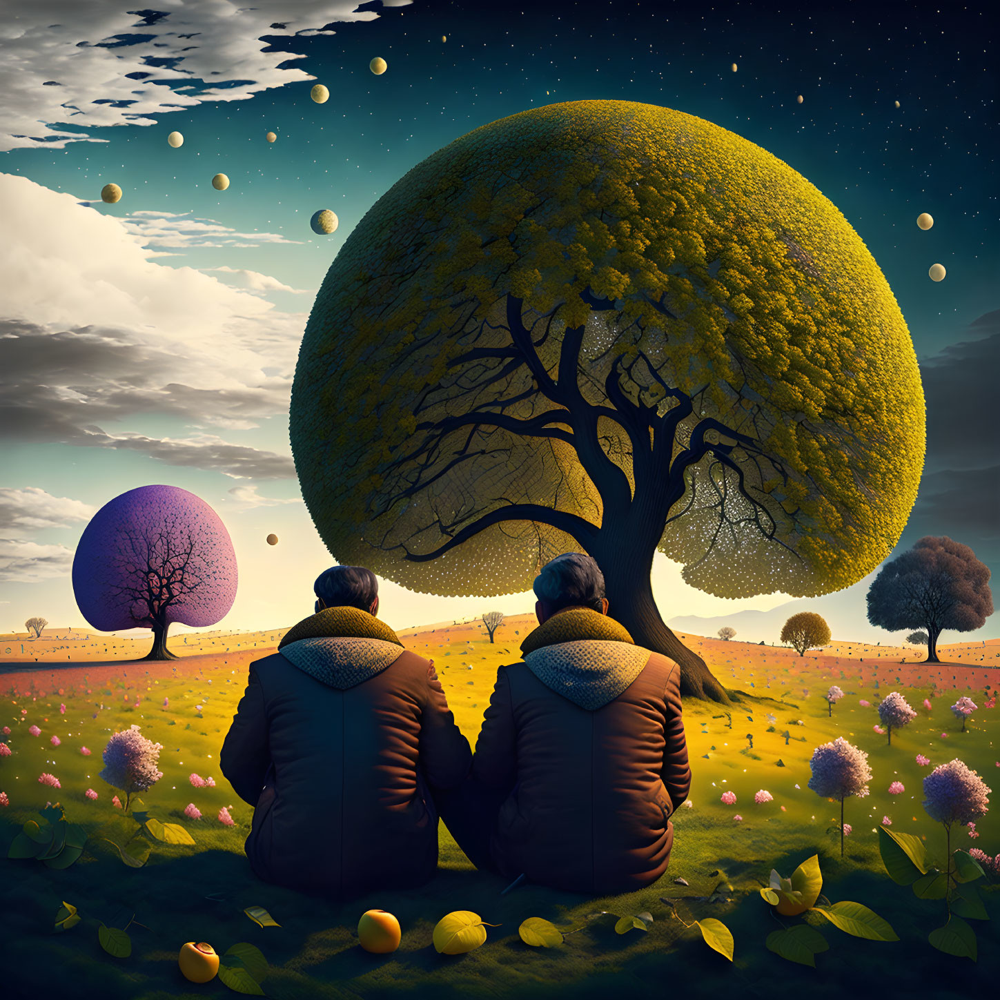 Surreal landscape with oversized trees and levitating spheres