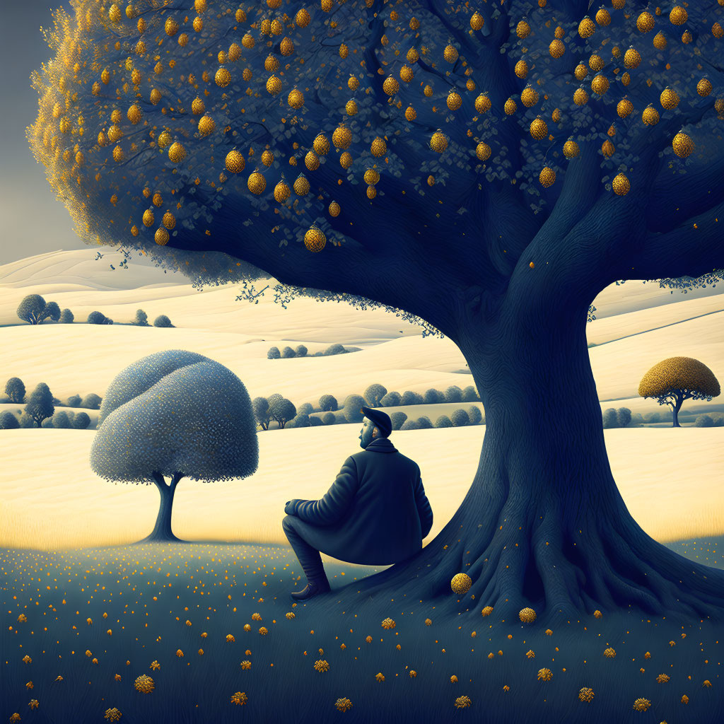 Person sitting under large tree with golden fruits in surreal landscape