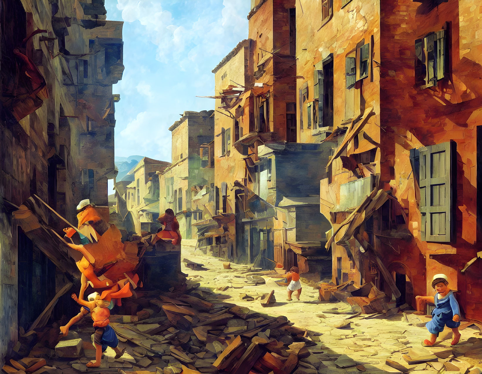 Colorful painting of children playing in old European town alleyway