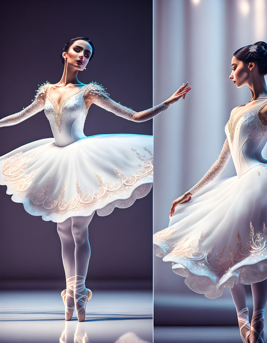 Elegant ballerina in white costume with gold accents in poised dance pose