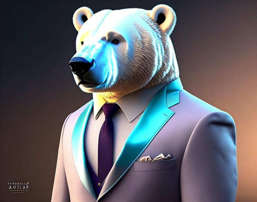 Stylized polar bear in blue suit with purple tie and turquoise scarf on dark background