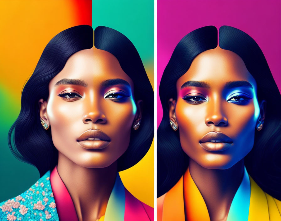 Symmetrical Split Portrait of Woman with Vibrant Multicolored Backgrounds