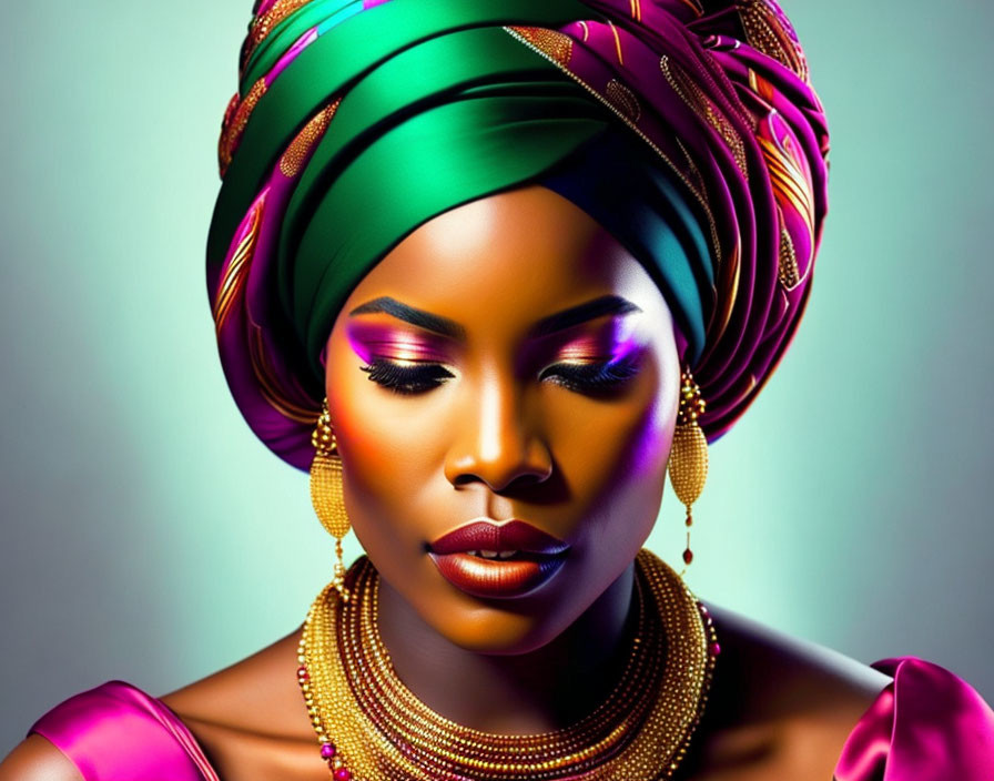 Vibrant woman portrait with green and purple head wrap and gold accessories