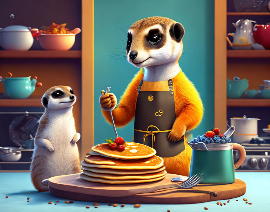 Animated meerkats cooking pancakes in a kitchen scene