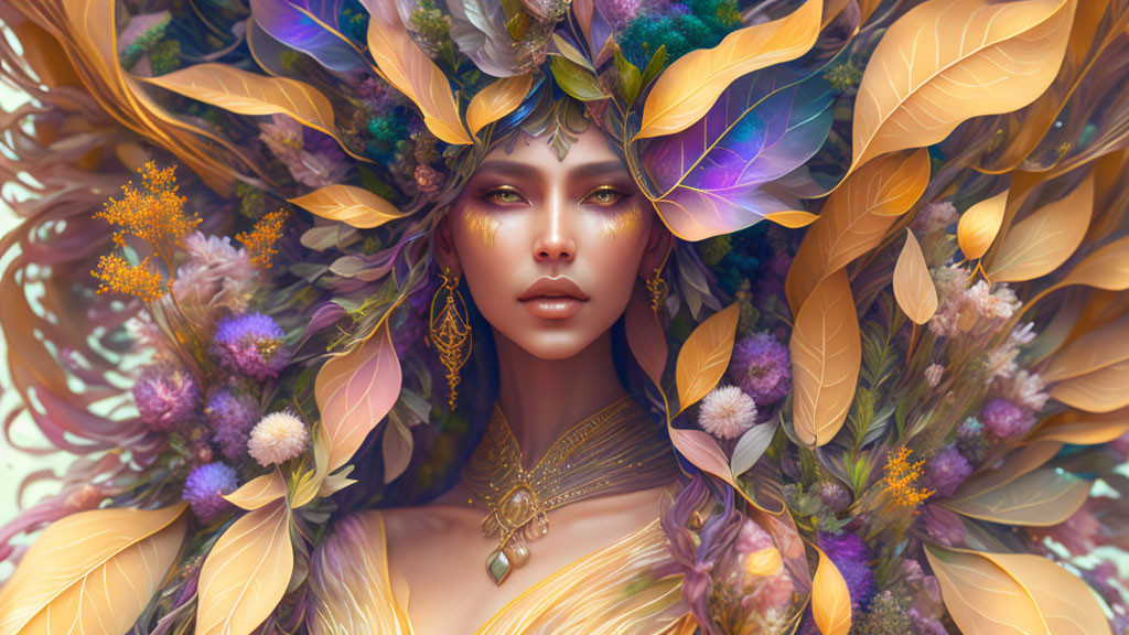 Vibrant floral crown on woman in warm hues