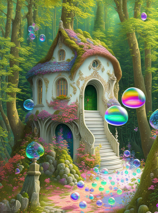 Curved white snail shell house in lush forest with colorful bubbles.