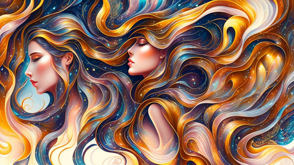 Vibrant digital art: Two women with flowing hair in cosmic swirls.