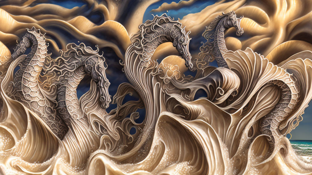 Stylized seahorses in golden waves under dramatic sky