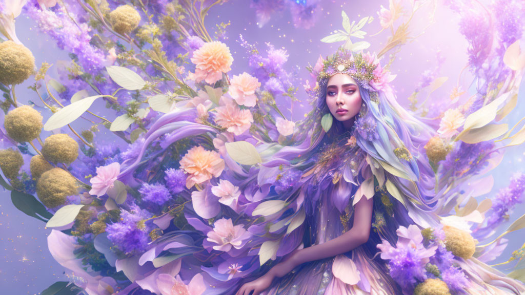 Whimsical woman with floral crown and violet hair in dreamy pastel backdrop.