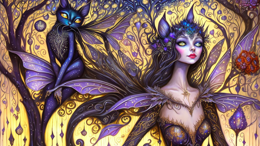 Fantastical illustration of fairy-like woman with purple wings and cat in intricate golden setting