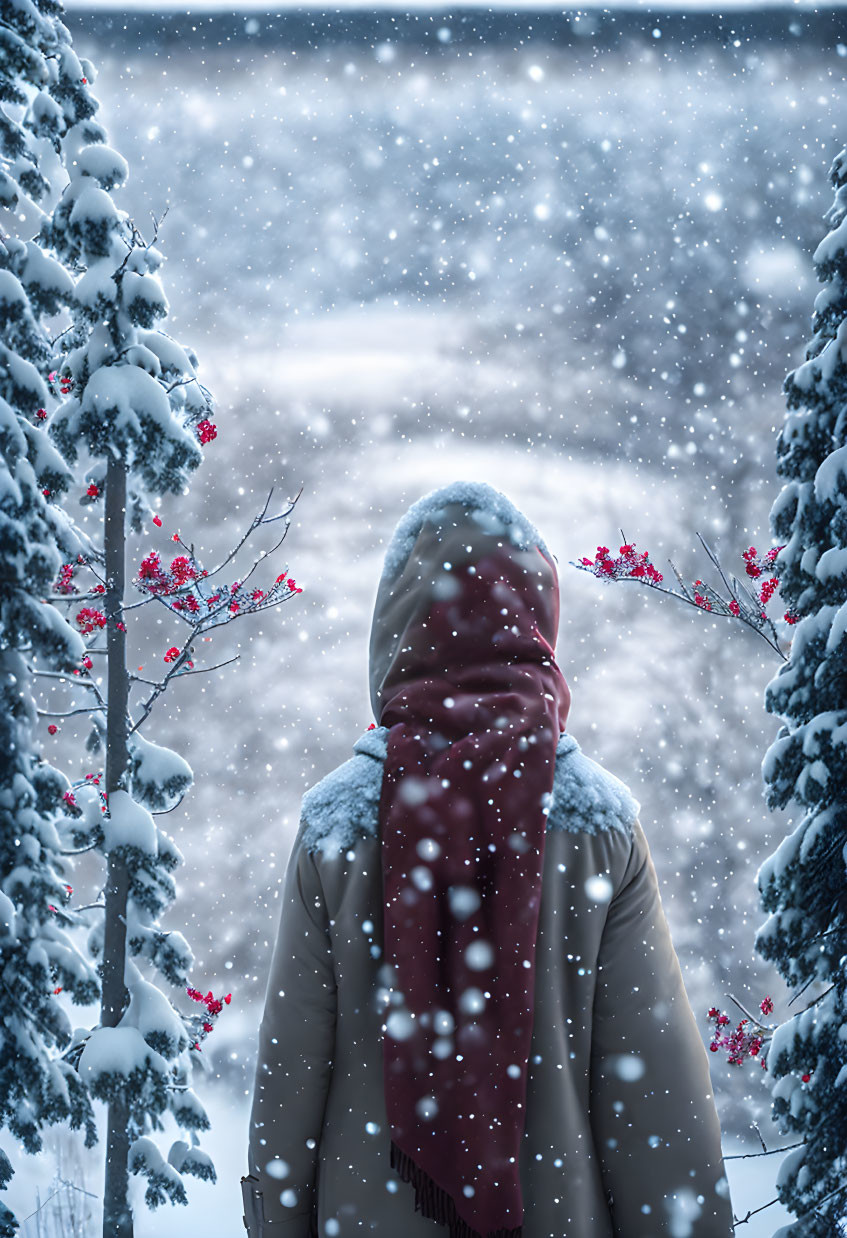 Person in Beige Coat and Red Scarf in Snowy Landscape