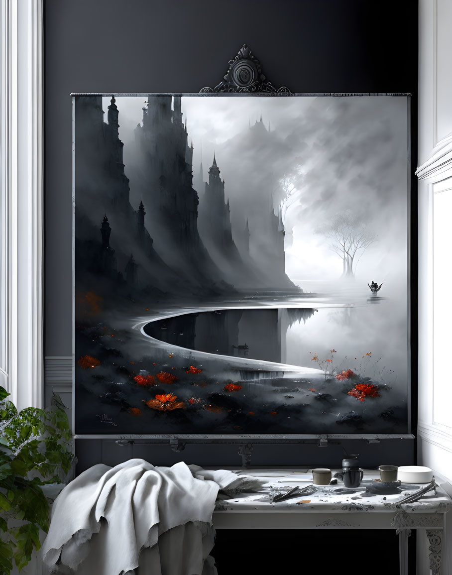 Monochromatic misty landscape with spires, reflective lake, boat, red leaves in dark room