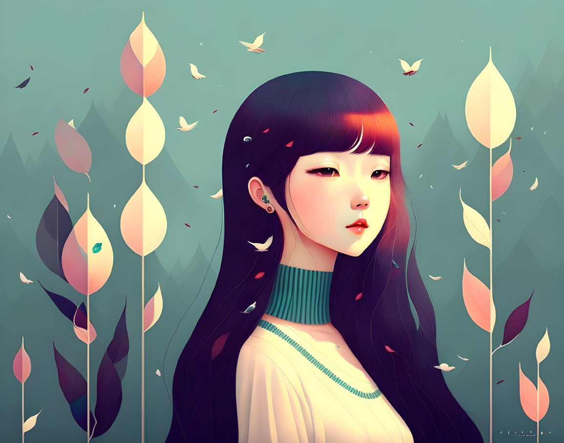 Illustrated portrait of a serene girl with black hair and fair skin in a botanical setting.