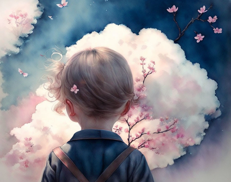 Child admiring pink cherry blossoms in dreamy cloudscape