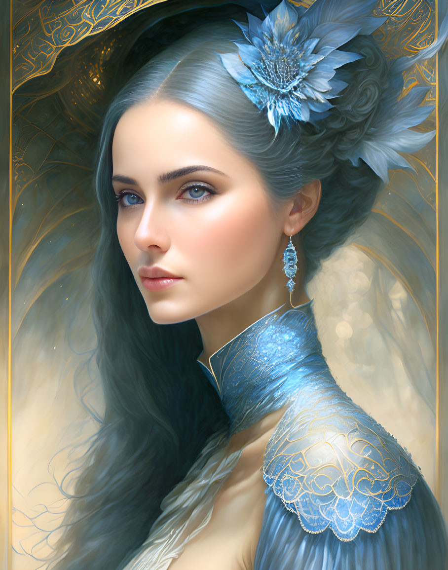 Digital Portrait of Woman in Blue Attire with Flower in Hair