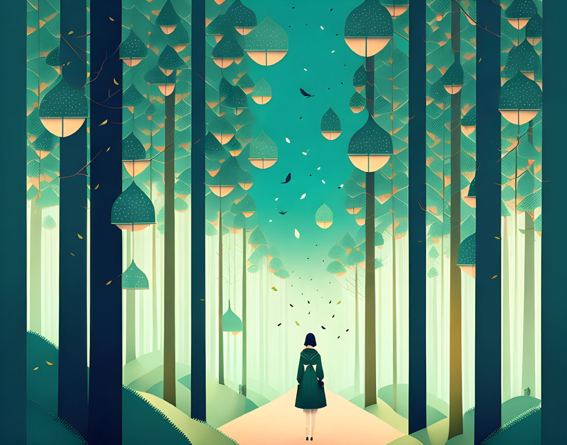 Forest path with tall stylized trees under aqua sky and floating lanterns