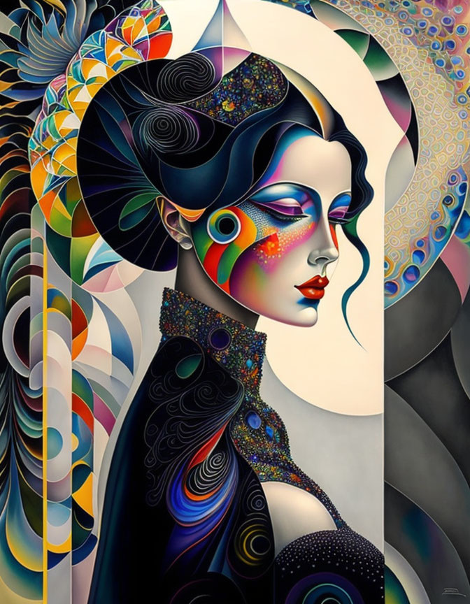 Colorful woman with patterned skin and hair on swirling background