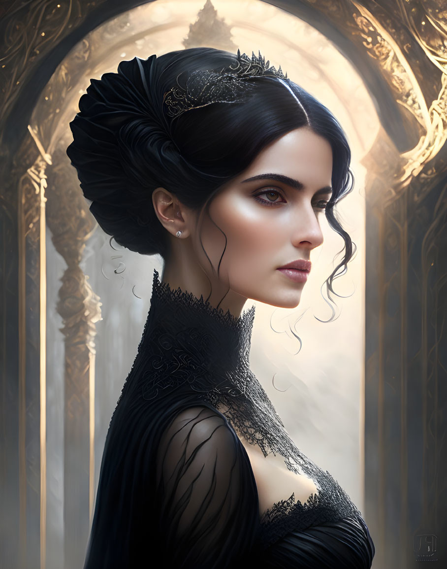 Dark-haired woman in elegant updo wearing black dress in mystical forest portrait