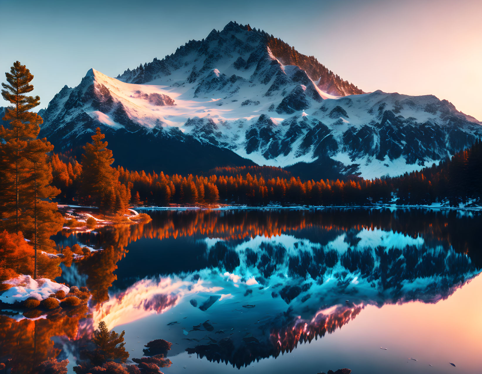 Snowy mountain peak reflected in lake at sunset with pine trees - serene landscape