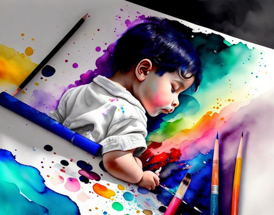 Colorful Ink Splatter Artwork Featuring Child Resting with Brushes and Pencils