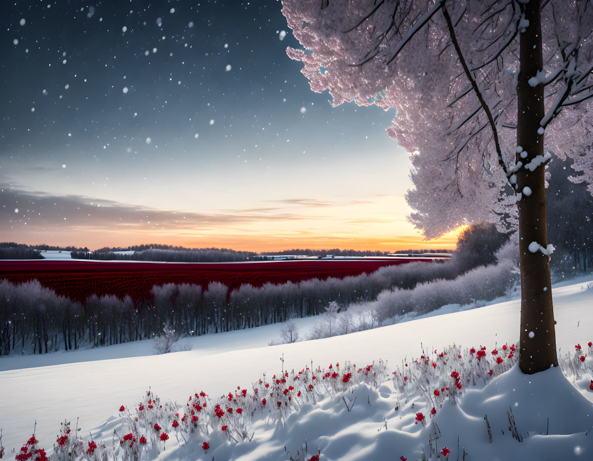 Snowy winter landscape: pink tree, red shrubs, falling snow