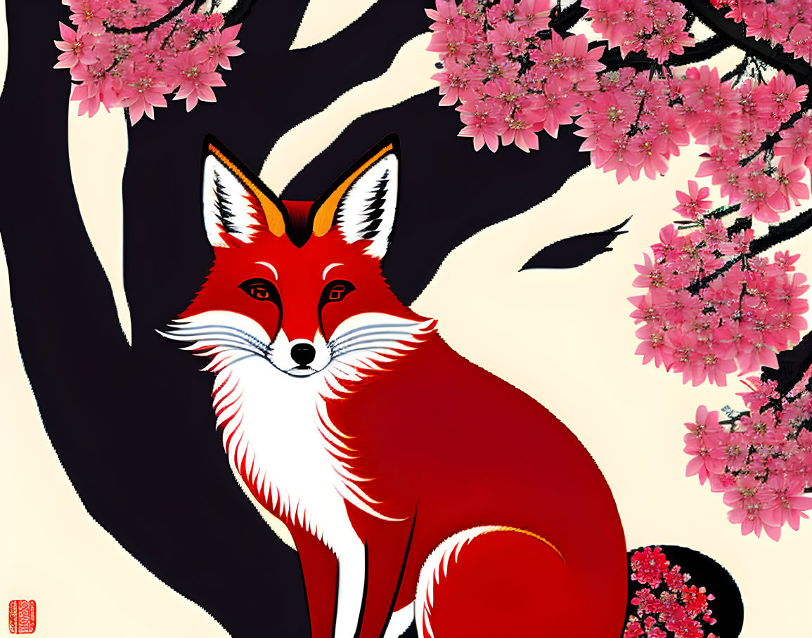 Red Fox Sitting Under Pink Cherry Blossoms Illustration