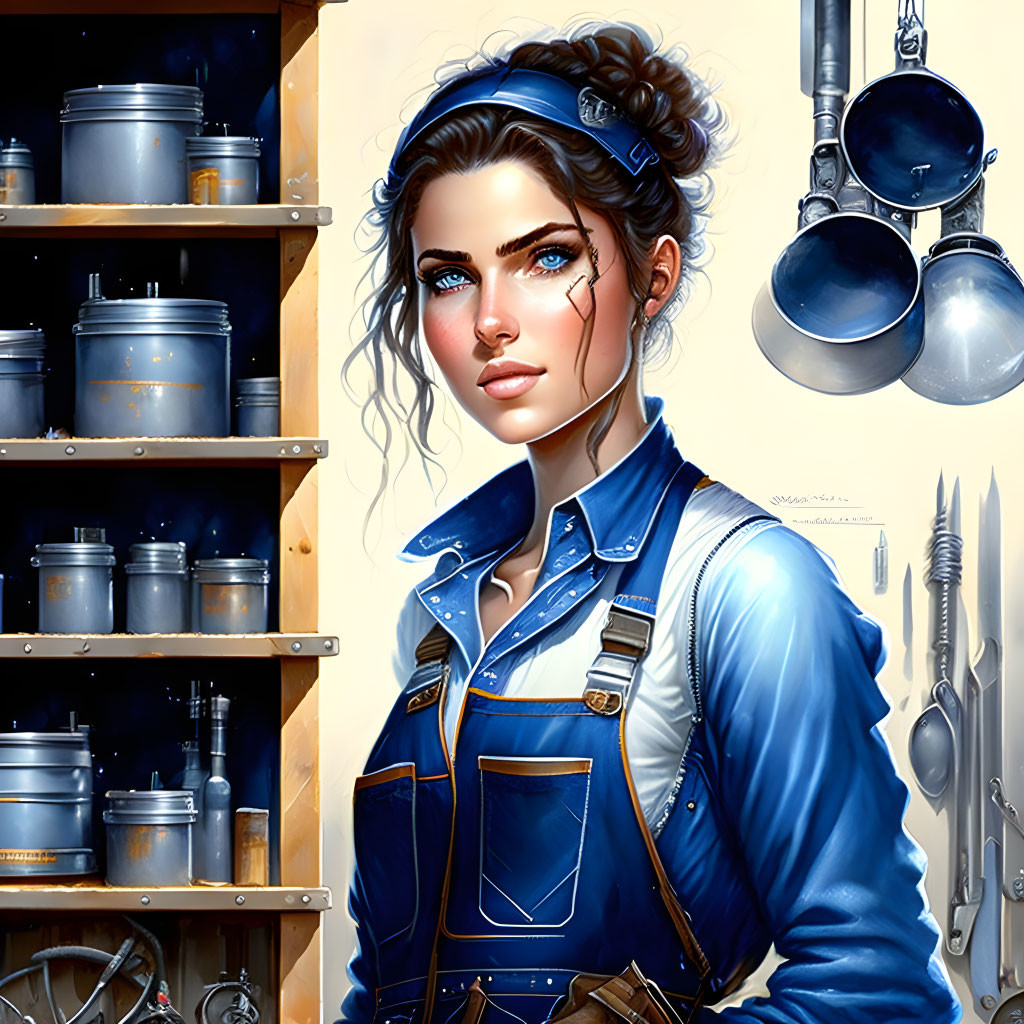 Young woman with blue eyes and dark hair in blue denim jumpsuit and kitchen shelves with pots and utens