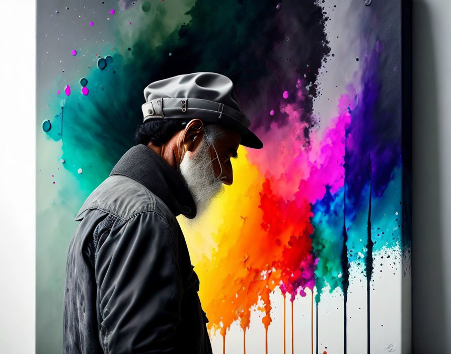 Grey-bearded person in cap against colorful paint splatter backdrop