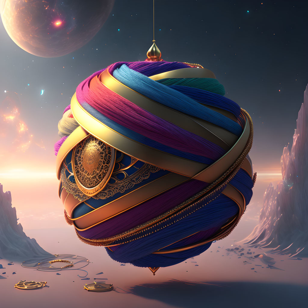 Colorful bauble floats over desert with mountains under twilight sky