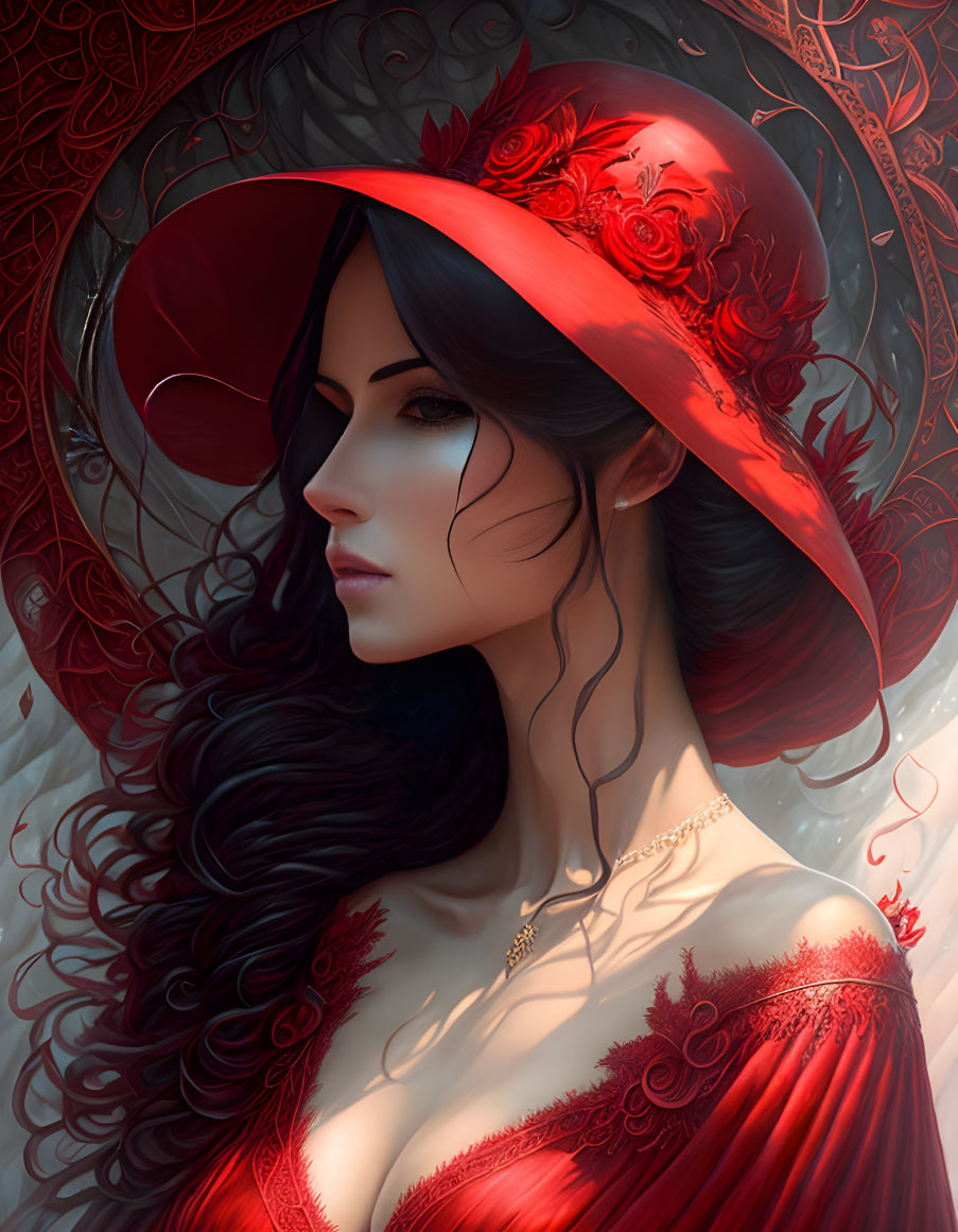 Woman with Long Black Hair in Red Hat and Dress with Intricate Background