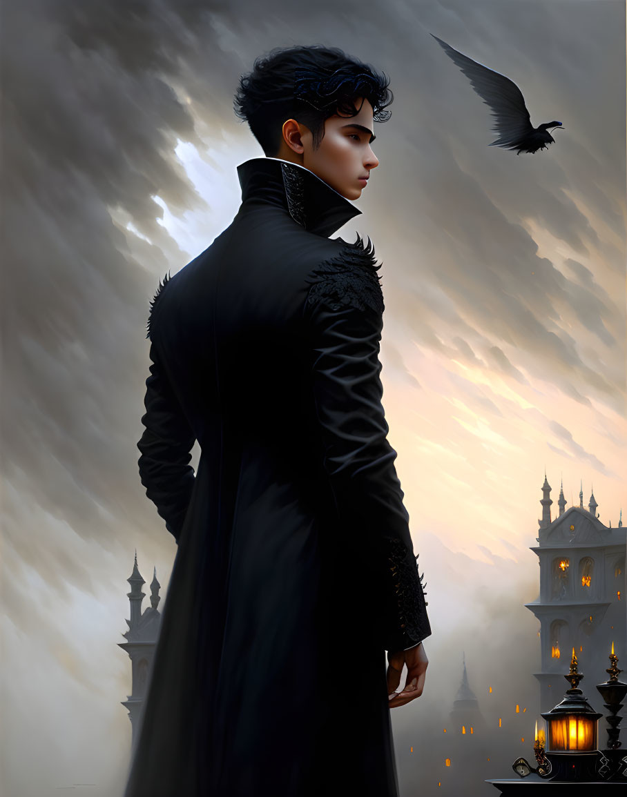 Brooding man in feathered coat with raven and stormy backdrop