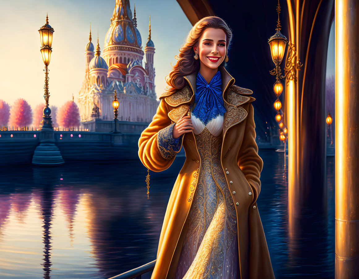 Smiling woman in elegant coat by bridge railing at twilight