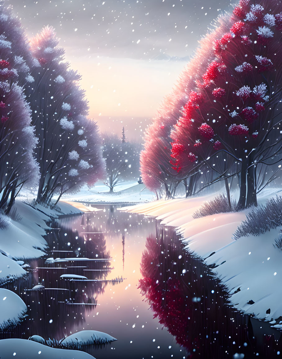 Snow-covered trees reflecting in a creek under twilight sky with falling snowflakes