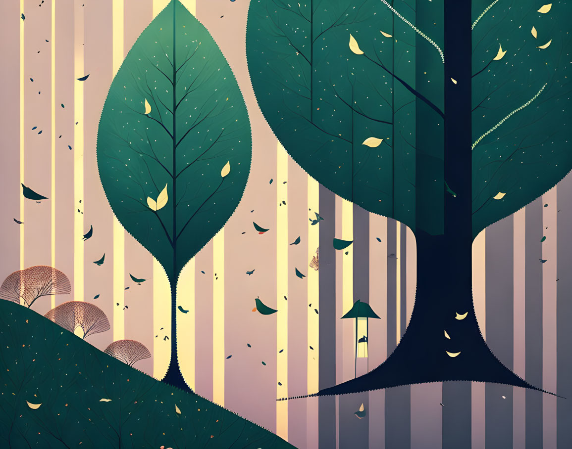 Stylized forest illustration with large leaves and gentle foliage